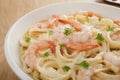 Pasta Fettucine Alfredo with Shrimp or Prawns Royalty Free Stock Photo