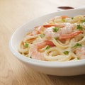 Pasta Fettucine Alfredo with Shrimp or Prawns Royalty Free Stock Photo