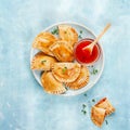 Pasta filled with tuna, tomato sauce, bell pepper and boiled egg called empanadilla. Close up. Mediterranean Spanish food Royalty Free Stock Photo