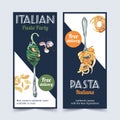 Pasta flyer design with spaghetti, fork watercolor illustration