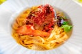 Pasta with foam and lobster tail and claw on a half shell Royalty Free Stock Photo