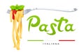 Pasta at fork with basil and sauce. Concept design for traditional italian food. Vector illustration. Royalty Free Stock Photo