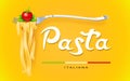 Pasta at fork with basil and tomato. Concept design for traditional italian food. Vector illustration. Royalty Free Stock Photo