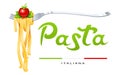 Pasta at fork with basil and tomato. Concept design for traditional italian food. Vector illustration. Royalty Free Stock Photo