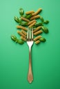 Pasta fork with fresh basil leaves on minimalistic studio background culinary concept Royalty Free Stock Photo