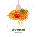 Pasta on fork. Italian traditional food, Italy cuisine, spaghetti cook in restaurant, fresh tasty meal, travel card