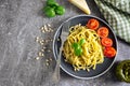 Pasta with fresh homemade pesto sauce and food ingredients Royalty Free Stock Photo