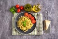 Pasta with fresh homemade pesto sauce and food ingredients Royalty Free Stock Photo