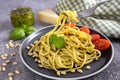 Pasta with fresh homemade pesto sauce and food ingredients Royalty Free Stock Photo