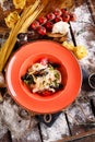 Pasta with fresh seafood, ingredients for cooking Royalty Free Stock Photo