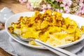 Pasta with fried chicken in cream and chanterelle sauce