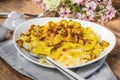 Pasta with fried chicken in cream and chanterelle sauce