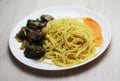 Pasta with fried liver and spacy sauce Royalty Free Stock Photo