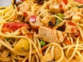 Pasta with fried meat, vegetables and chilli sauce Royalty Free Stock Photo