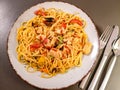 Pasta with fried meat, vegetables and chilli sauce Royalty Free Stock Photo