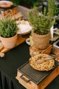 Pasta in a frying pan in the kitchen with flowers in flower pots. Royalty Free Stock Photo