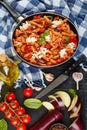 Pasta fusilli alla Norma with eggplant slices Royalty Free Stock Photo