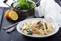 Pasta fusilli with baked salmon and spinach Royalty Free Stock Photo