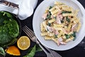 Pasta fusilli with baked salmon and spinach Royalty Free Stock Photo