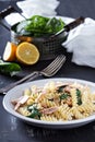 Pasta fusilli with baked salmon and spinach Royalty Free Stock Photo