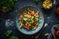 Pasta fusilli with broccoli, carrot, corn, and tomatoes