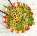 Pasta Fusilli with Fresh Garlic and Rocket Leaves, Spanish Chorizo, Parsley, Parmesan cheese