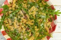 Pasta Fusilli with Fresh Garlic and Rocket Leaves, Spanish Chorizo, Parsley, Parmesan cheese