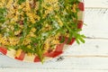 Pasta Fusilli with Fresh Garlic and Rocket Leaves, Spanish Chorizo, Parsley, Parmesan cheese