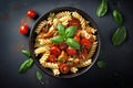 Pasta Fusilli with tomatoes, beef and basil in black bowl on table