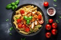 Pasta Fusilli with tomatoes, beef and basil in black bowl on table