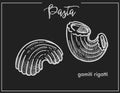 Pasta Gamiti Rigatti chalk sketch for Italian cuisine menu or packaging design on black background Royalty Free Stock Photo