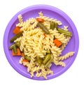 Pasta with green beans with garlicand carrots on a plate isolated on a white background. Mediterranean Kitchen . pasta  top view Royalty Free Stock Photo