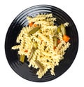 Pasta with green beans with garlicand carrots on a plate isolated on a white background. Mediterranean Kitchen . pasta  top view Royalty Free Stock Photo