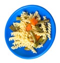 Pasta with green beans with garlicand carrots on a plate isolated on a white background. Mediterranean Kitchen . pasta  top view Royalty Free Stock Photo