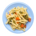 Pasta with green beans with garlicand carrots on a plate isolated on a white background. Mediterranean Kitchen . pasta top view Royalty Free Stock Photo