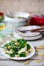 Pasta with green beans, potatoes and pesto. .style rustic Royalty Free Stock Photo