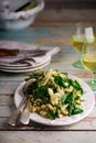 Pasta with green beans, potatoes and pesto. .style rustic Royalty Free Stock Photo