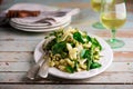 Pasta with green beans, potatoes and pesto. .style rustic Royalty Free Stock Photo