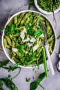 Pasta with green beans, potatoes and pesto. .style rustic Royalty Free Stock Photo