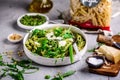 Pasta with green beans, potatoes and pesto. .style rustic Royalty Free Stock Photo
