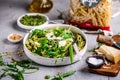 Pasta with green beans, potatoes and pesto. .style rustic Royalty Free Stock Photo