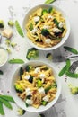 Pasta with green vegetables broccoli, Mange tout and creamy sauce in white plate Royalty Free Stock Photo