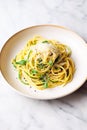 Pasta with greens and parmesan cheese on marble table, homemade easy meal recipe for lunch or dinner, generative ai