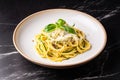 Pasta with greens and parmesan cheese on marble table, homemade easy meal recipe for lunch or dinner, generative ai