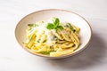 Pasta with greens and parmesan cheese on marble table, homemade easy meal recipe for lunch or dinner, generative ai