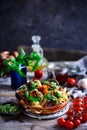 Pasta with Grilled Eggplant, Smoky Tomato Sauce and Basil Walnut Pistou .style rustic.selective focus