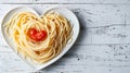 Pasta in heart shaped plate on wooden table with copy space. cooked spaghetti with tomatoes Royalty Free Stock Photo