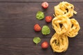 Pasta ingredients. tomato on the wooden background Royalty Free Stock Photo