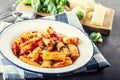 Pasta. Italian and Mediterrannean cuisine. Pasta Rigatoni with tomato sauce basil leaves garlic and parmesan cheese. Royalty Free Stock Photo