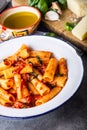 Pasta. Italian and Mediterrannean cuisine. Pasta Rigatoni with tomato sauce basil leaves garlic and parmesan cheese. Royalty Free Stock Photo